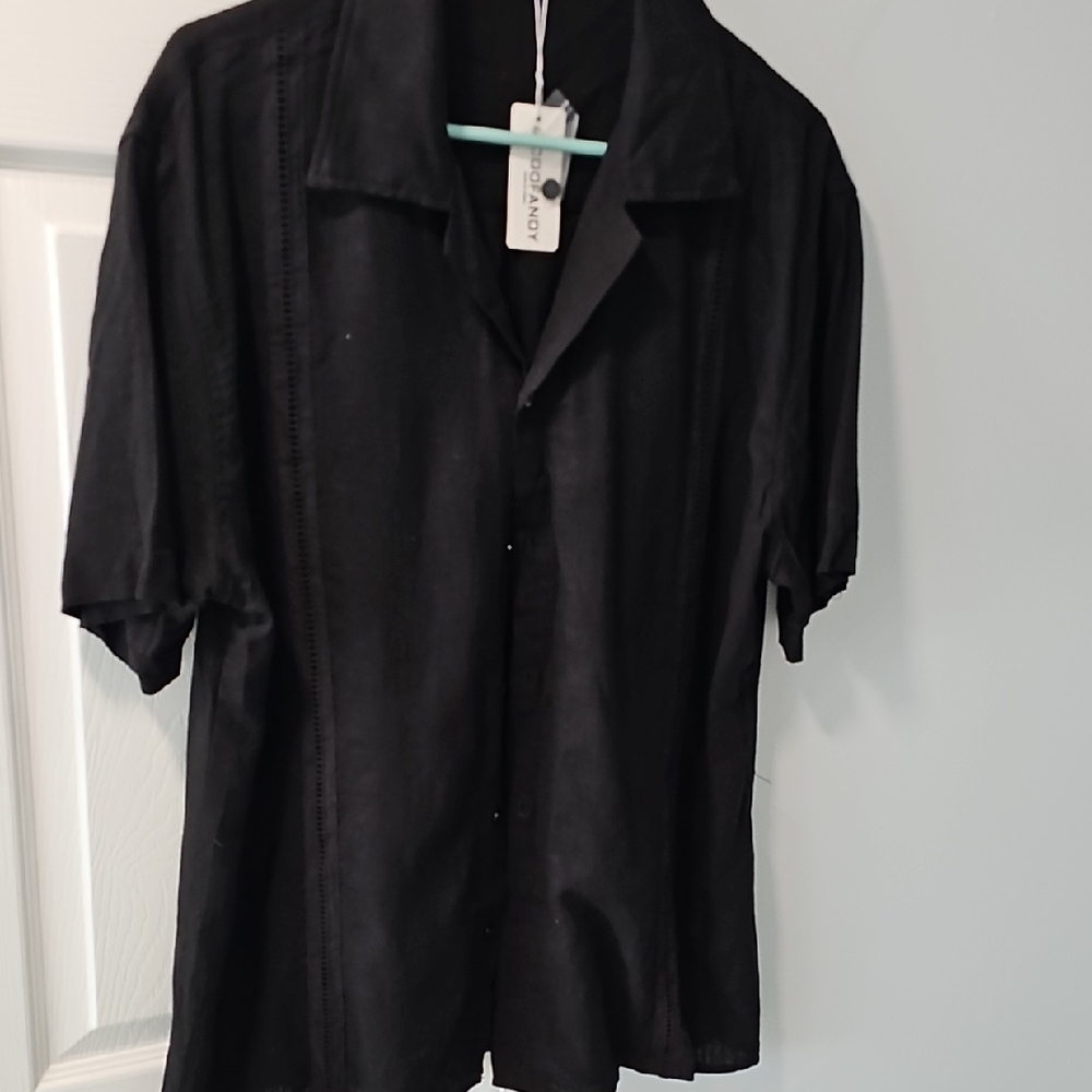 Men's Black Short Sleeve Dress Shirt 30% Linen XL